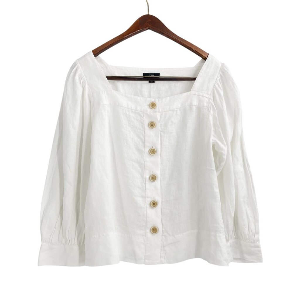 NWT J. Crew White Square Neck Button-Up Linen Peasant Top Womens Medium Cottage - Picture 2 of 9